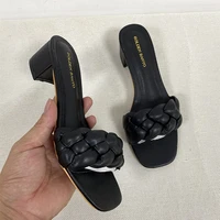 summer solid weave women square heel sandal 2021 fashion thick high heels gladiator outdoor party slides ladies sandals shoes