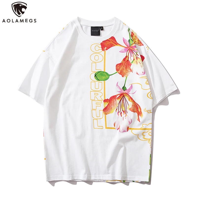 Aolamegs Мужская футболка с милым цветочным принтом повседневная круглым вырезом