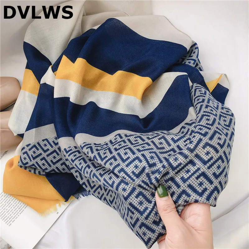 

2020 DVLWS Women's Sprirng Summer Scarves Women Korean-style Versatile Yellow Blue Lettered Joint Long Holiday Sunscreen Shawls