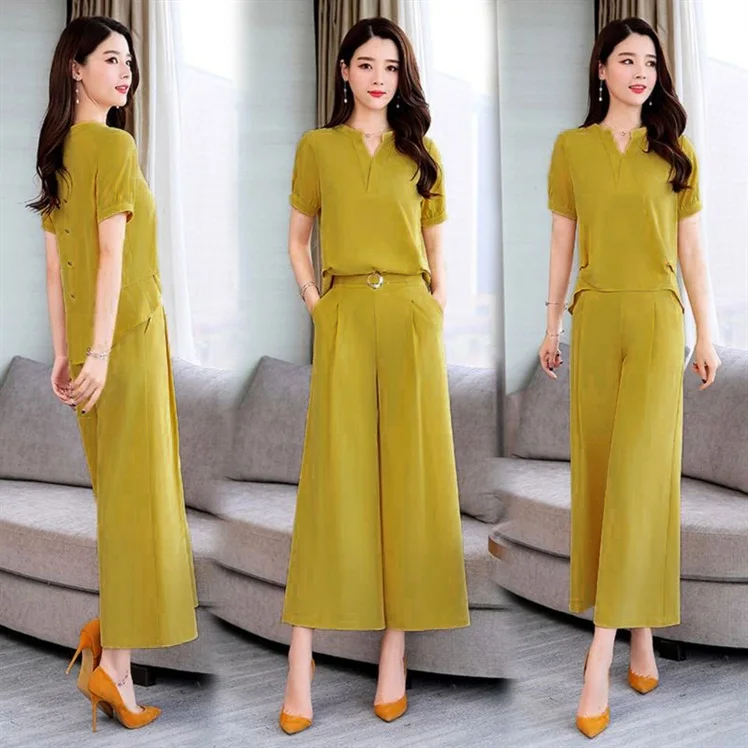 

Chiffon 2 Piece Office Set Women Wide Leg Pants Ol Ensemble Femme 2 Piece Sets Womens Outfits Top And Pants Woman Suit
