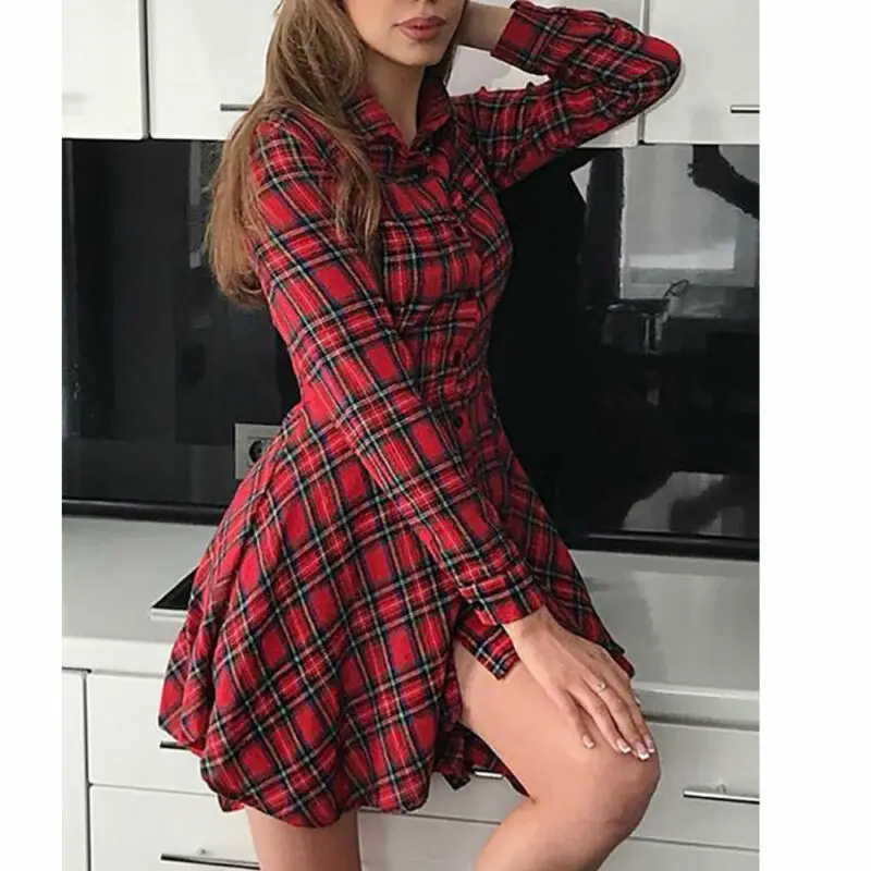 

Autumn Fashion Womens Loose Button Plaid Dress Summer Long Sleeve Casual Loose Tops Mini Shirt Dress