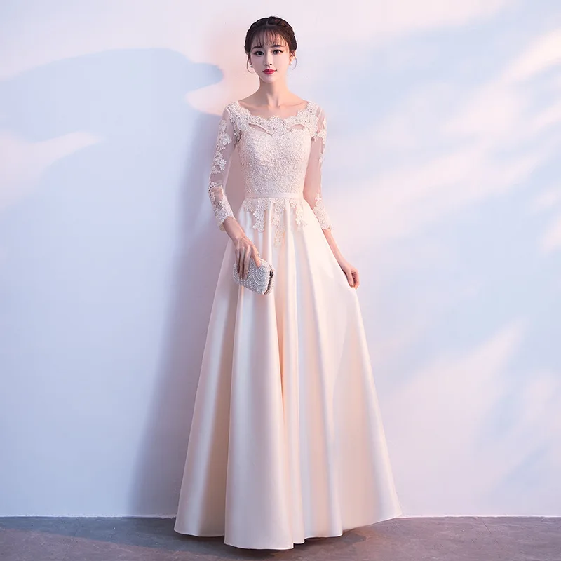 

Champagne Bridesmaid Wedding Dress Chinese Women Imrpoved Qipao Elegant Lace Long Sleeve Cheongsam Vestidos Oversize XS-XXXL