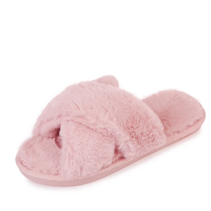 

Winter Women House Slippers Faux Fur Fashion Warm Shoes Woman Slip on Flats Female Slides Black Pink Cozy Home Furry Slippers