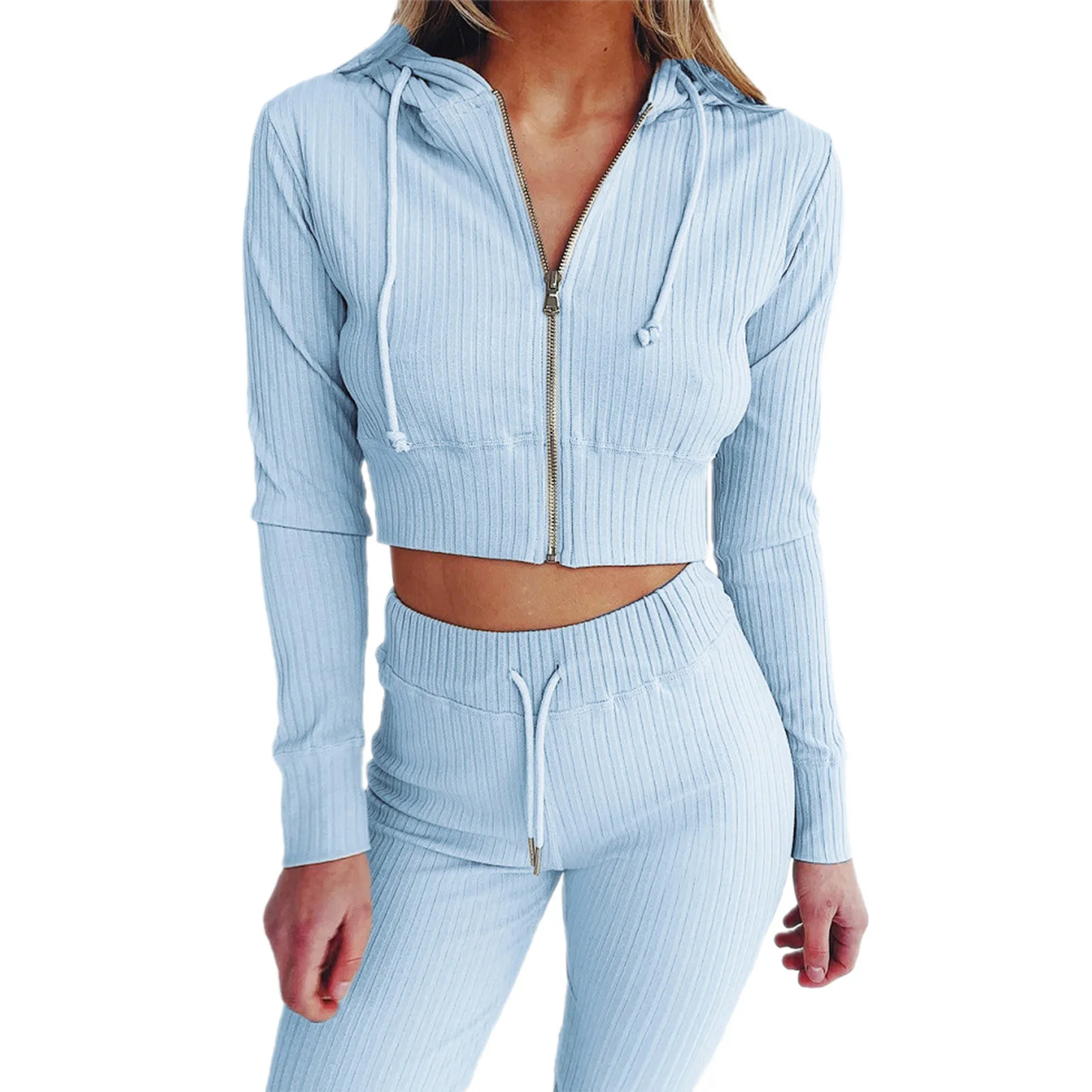 

Women 2 Pcs Tracksuit Sets Zipper Long Sleeve Hooded Sweatshirt Crop Top + Tight Long Pant Casual Sport Lounge Wear Clothes