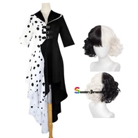 cruella de vil kuila cosplay costume black half white adult women dress with gloves dresses halloween party costumes
