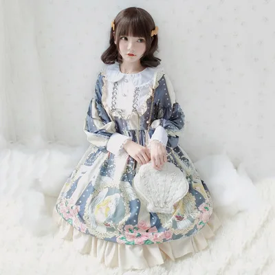 

5 Colors Gothic Lolita Maid Court Dress Japanese Bowknot Long Sleeve Daily Dress Printing Lace Up Lolita Cos costume
