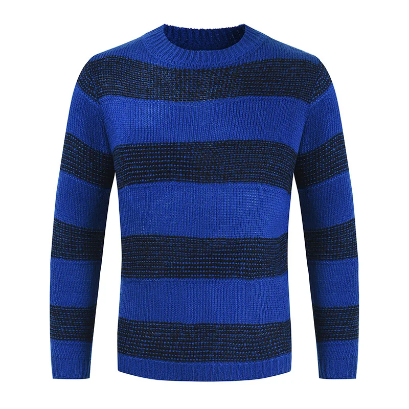 

2021 Autumn & Winter New Round Neck Simple Blue Striped Sweater Loose Plus Size Casual Stretch Men Wool Sweater Free Shipping