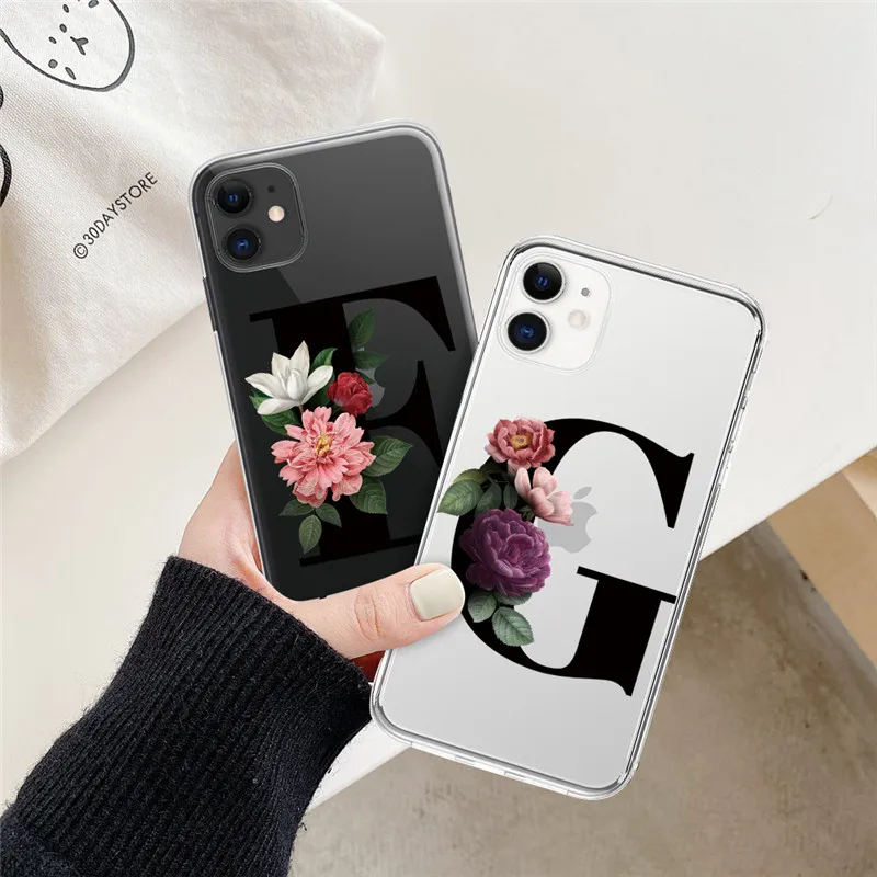 Customized Initial Letter Phone Case For iPhone 13 11 12 Pro Max 12 13 Mini X XR XS Max 8 7 Plus Flowers Girl Soft Back Cover