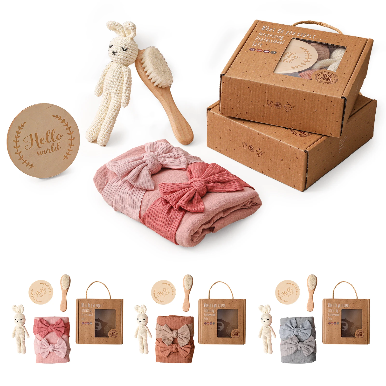 

New Baby Towel Newborn Bath Toy Set Gifts Box Double Sided CottonBurp Cloth Headband Wooden Hair Brush Baby Bath Gift Product