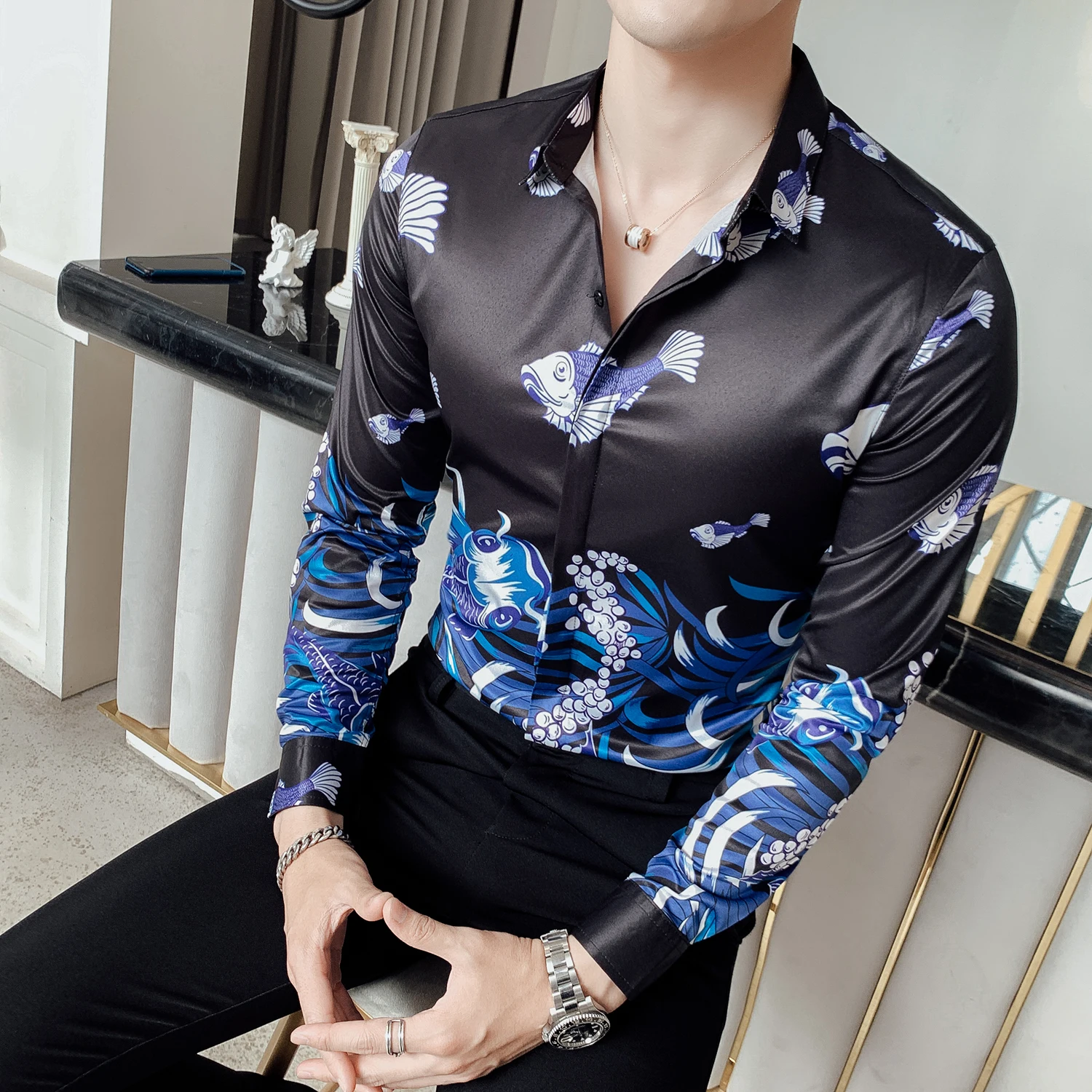 

2020 Flower Autumn Shirt A Gentle Wind Fish Printing Dress Shirt Men Luxury Ropa De Hombre Gold Mens Printed Casual Shirts