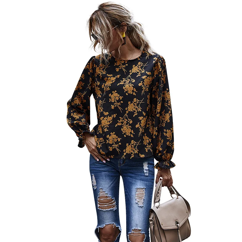 

Hot Sale European and American Women's Clothing 2021 Autumn and Winter round Neck Printed Chiffon Blouse Women's Long Sleeve
