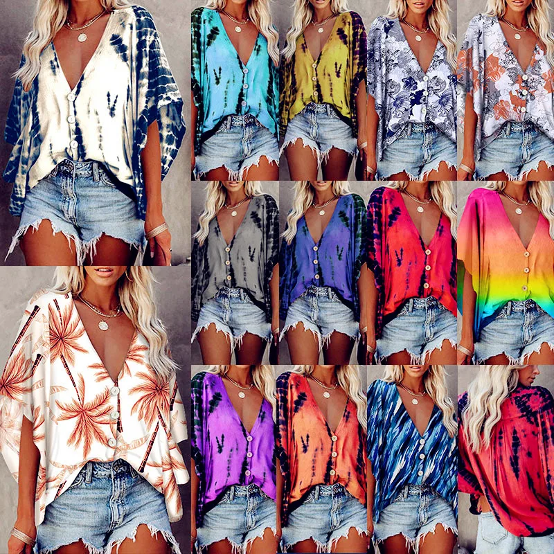 

2021 Summer Women Shirt Sexy V-Neck Elegant Floral Printed Female Blouse Fashion Casual Half Sleeve Button Ladies Shirt