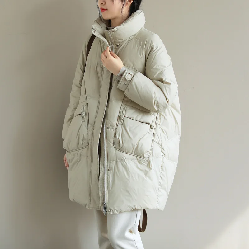 

Женский пуховик с воротником-стойкой, Длинное свободное теплое пальто на белом утином пуху 2022, толстая верхняя одежда, зима 90%