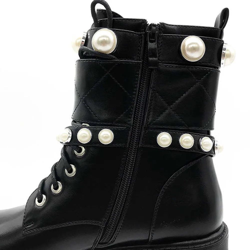 

DoraTasia New Fashion Female Chunky Heels Ankle Boots Bead Zipper Cross Tied Boots Women Autumn Punk Party Office Shoes Woman