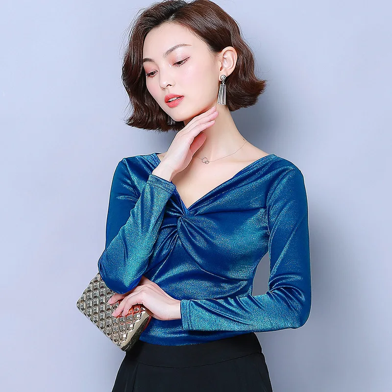 

Женская Однотонная футболка с V-образным вырезом и длинным рукавом