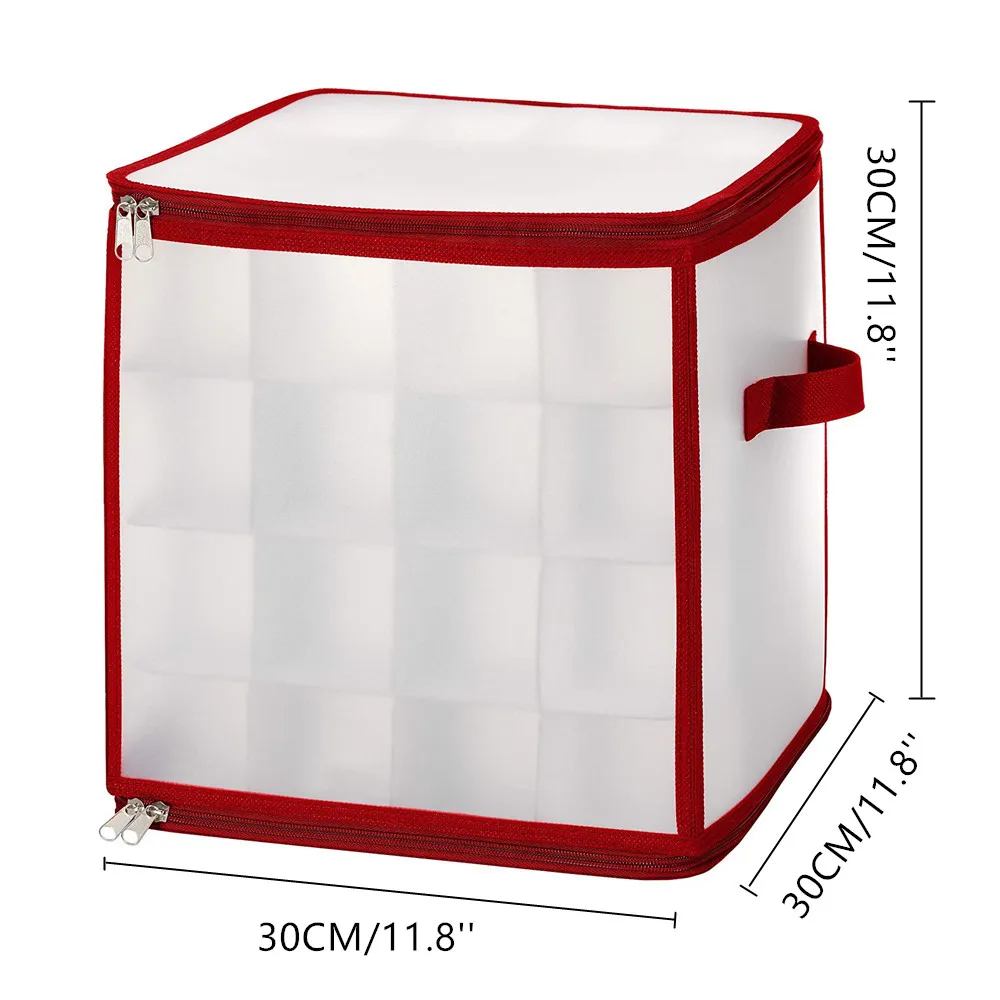 

Christmas Ornament Organizer 64 Compartment Xmas Ball Storage Bag Container Frosted With Red Trim