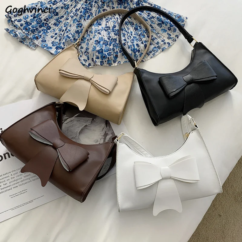 

Women Bow Shoulder Bags French Style PU Handbags Underarm Zipper Fashion Office Lady Luxury Ins All Match PopularBag Ulzzang