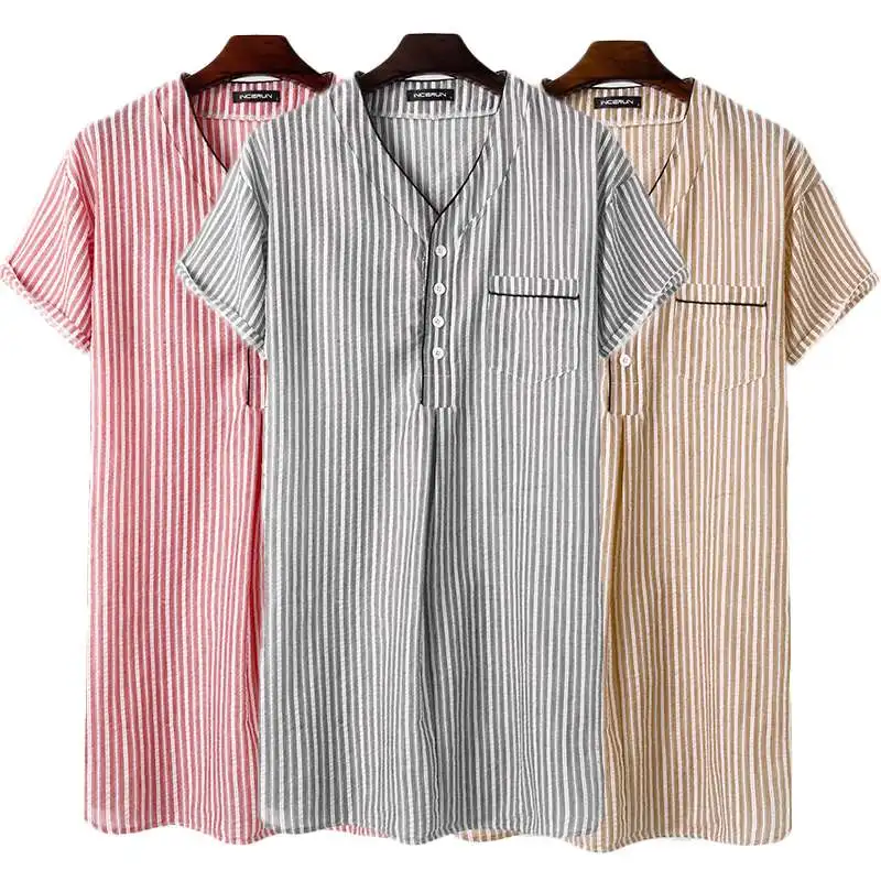 

INCERUN Leisure Striped Homewear Men Cotton Sleepwear Summer Short Sleeve V Neck Nightgown Breathable Comfy Nightwear Plus Size