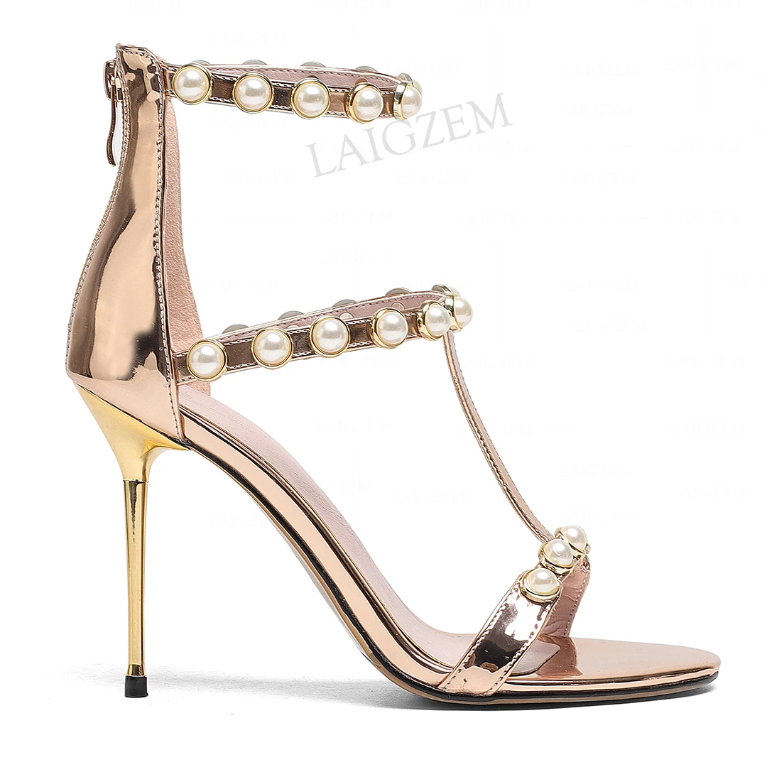 

LAIGZEM FASHION Women Sandals Shiny Open Toe 9CM Metal Stiletto High Back Zip Basic Ladies Summer Shoes Woman Big Size 39 42 46