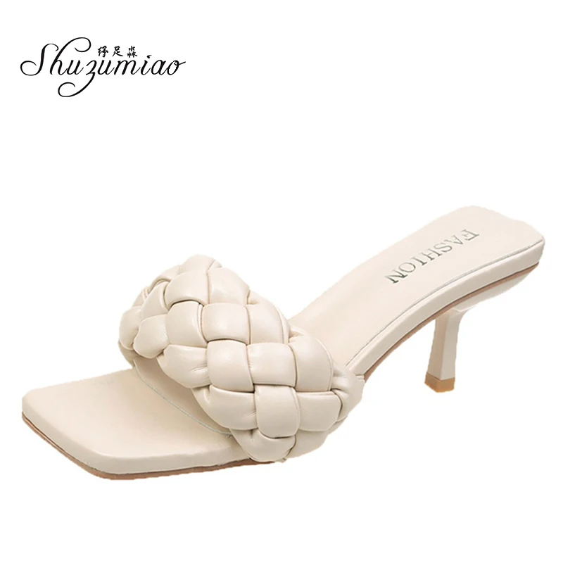 

Shuzumiao Slippers Women Shoes 2020 Summer New Square Toe Woven Flip Flops Sandals Fashion Stiletto High Heels 6cm Ladies Slides