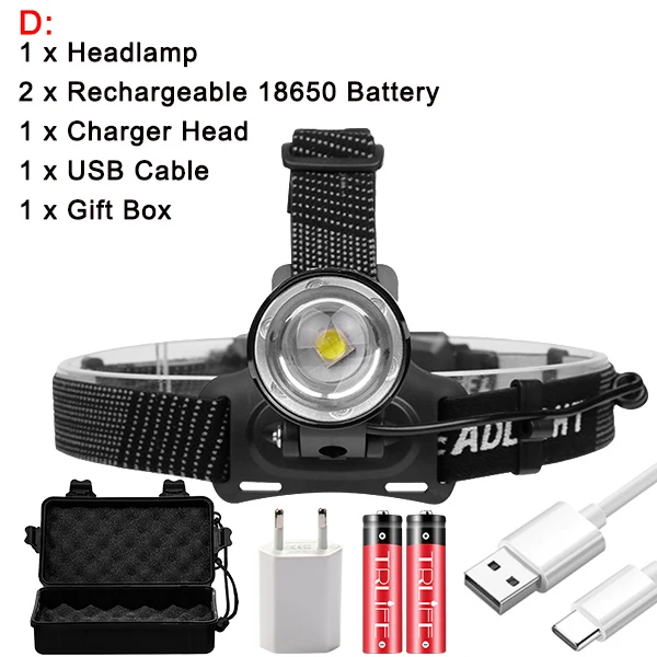 Package D Супер яркий светодиодный налобный фонарь XHP50 V6, налобный фонарь, Перезаряжаемый USB 18650, Фонарь для рыбалки и велосипеда - Испускаемый цвет: Package D