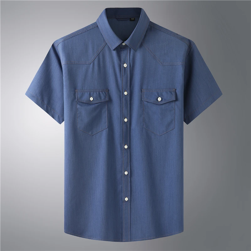 

Рубашка мужская в стиле оверсайз, модная однотонная дышащая удобная со стоячим воротником джинсовый с короткими рукавами, 10XL 8XL 6XL, размера п...