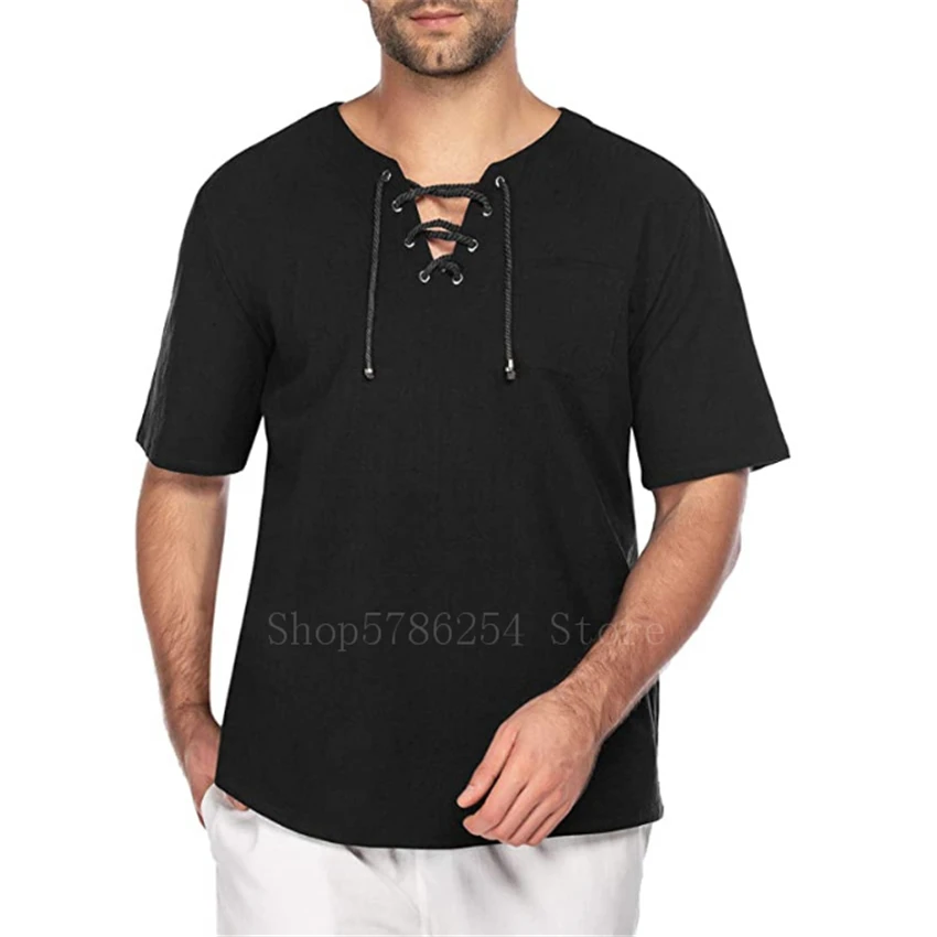 Men Medieval Costume Short Sleeve Cotton Retro Lace up Cardigan T-shirt Viking Pirate Renaissance Cosplay Adult V Neck Top 3XL |