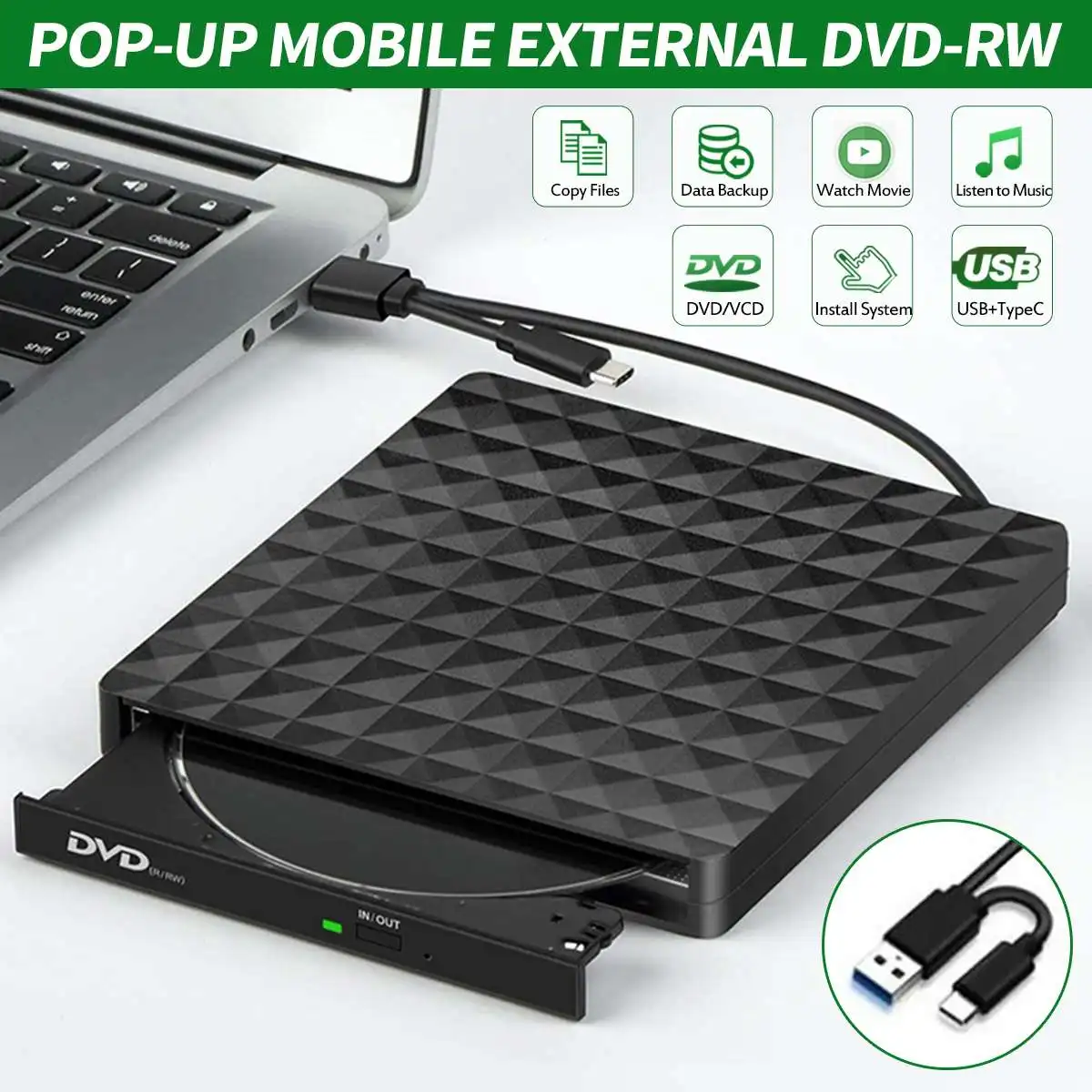 DVD Drive, CD Burner Driver Drive-free High-speed Read-write Recorder, External DVD-RW Player Writer Reader USB 3.0 &Type C