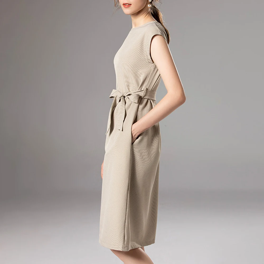 Vestido largo de primavera-verano para mujer, elegante vestido de corte recto con cinturón, cuello redondo, sin mangas, Color liso