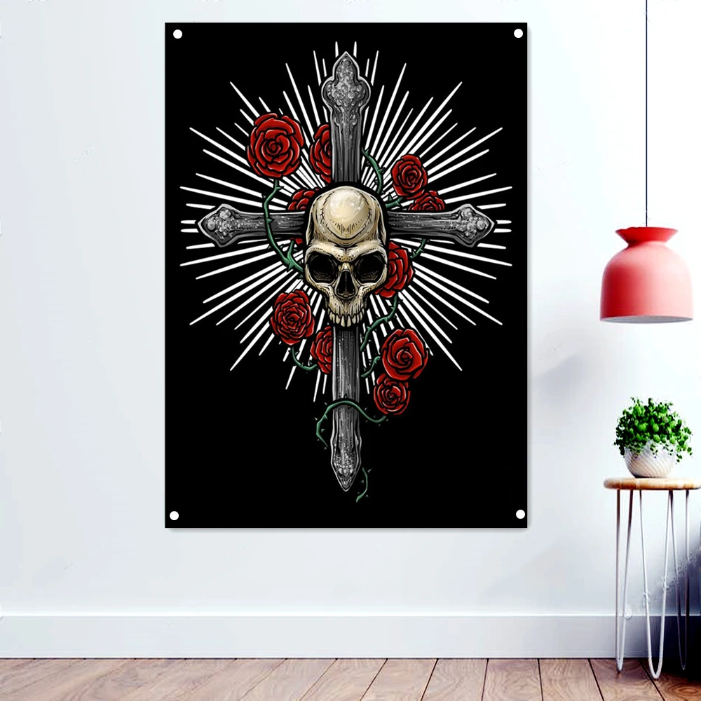 

Rose Skull Metal Artwork Banner Creepy Background Tapestry Horror Occult Evil Dark Art Wallpaper Poster Rock Flags Wall Decor