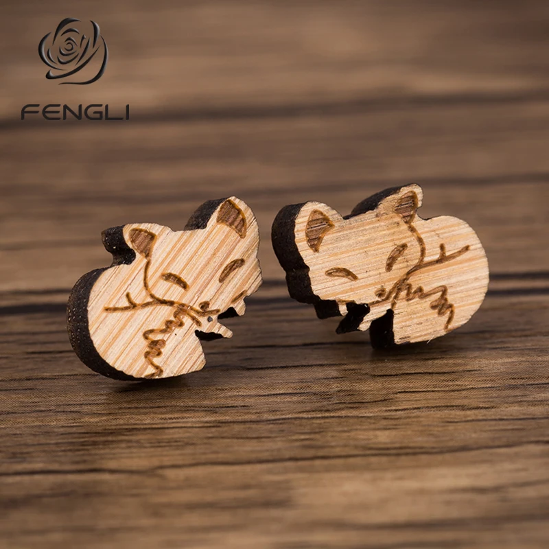 Женские серьги гвоздики в виде лисы FENGLI деревянные лисы|Серьги-гвоздики| |