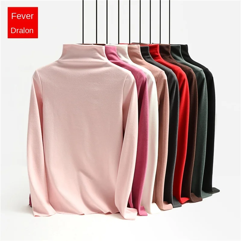 Autumn Double-sided Velvet Semi High Collar Bottoming Shirt Women's Plush Slim Fit T-shirt Close To The Body with Thickened Top