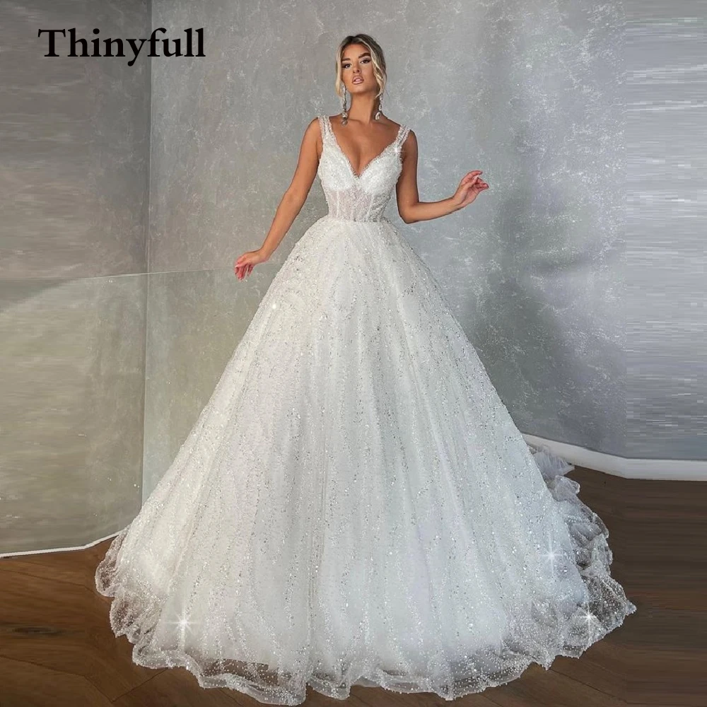 

Modern Shiny Bling Sequines Long Wedding Dress Boho Sleeveless A Line V Neck Bridal Princess Night Ball Gowns 2022 Vestidos
