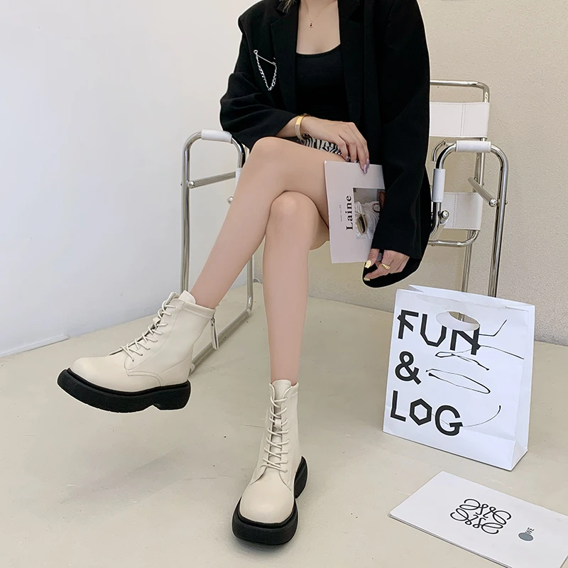 2022 NEW Chunky Platform Ankle Boots for Women Fashion Back Zipper Lace Up Motorcycle Boots Woman Pu Leather Square Heel Botas