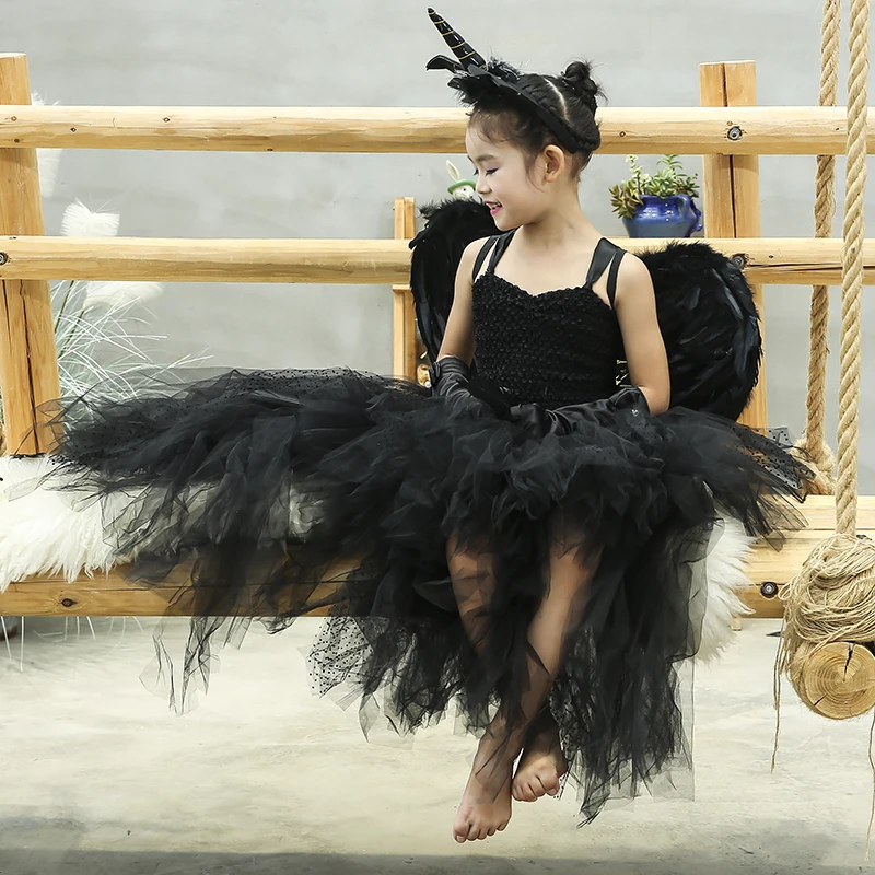 

Halloween Dark Unicorn Costume Tutu Dress V Neck Kids Girls Evil Black Magic Witch Outfit Clothing Set For Carnival Holidays