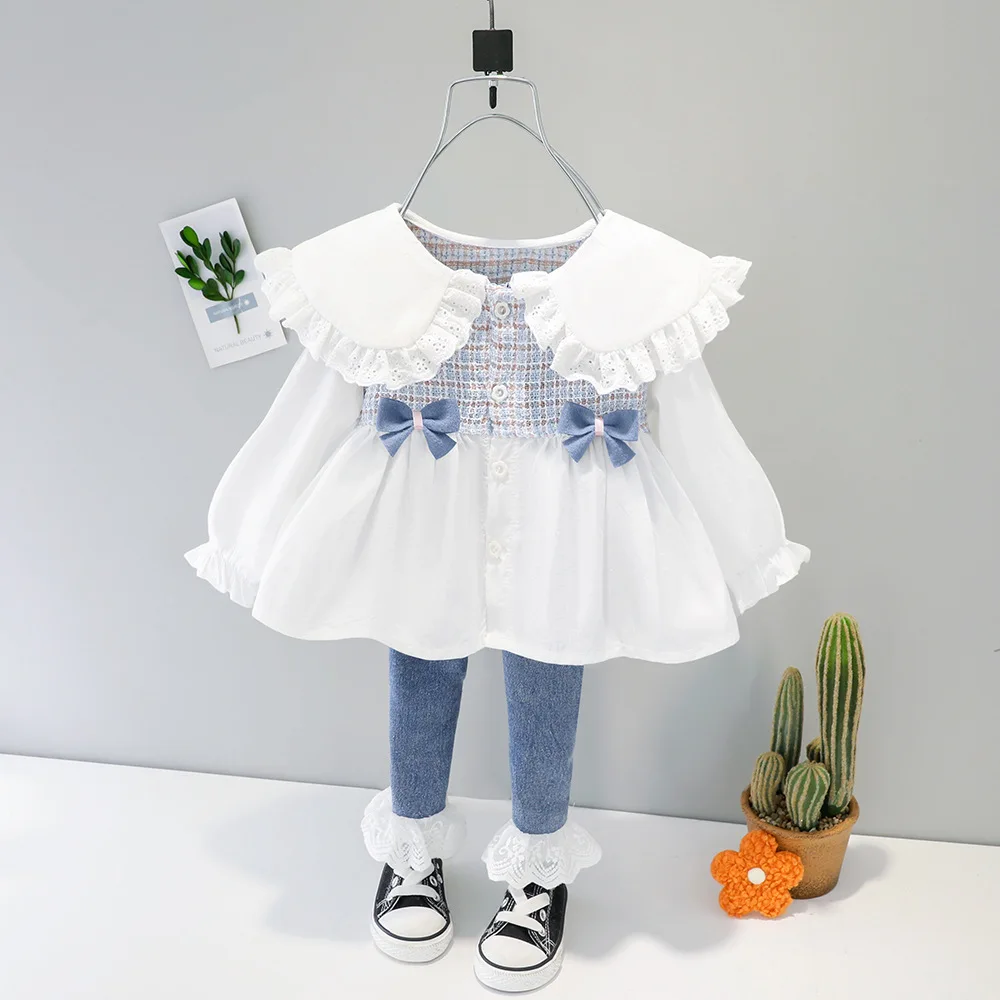 

Baby girl clothes spring autumn new fashion plaid shirt top jeans 2 pieces 0-4 years girl clothes suit kids cotton casual suit