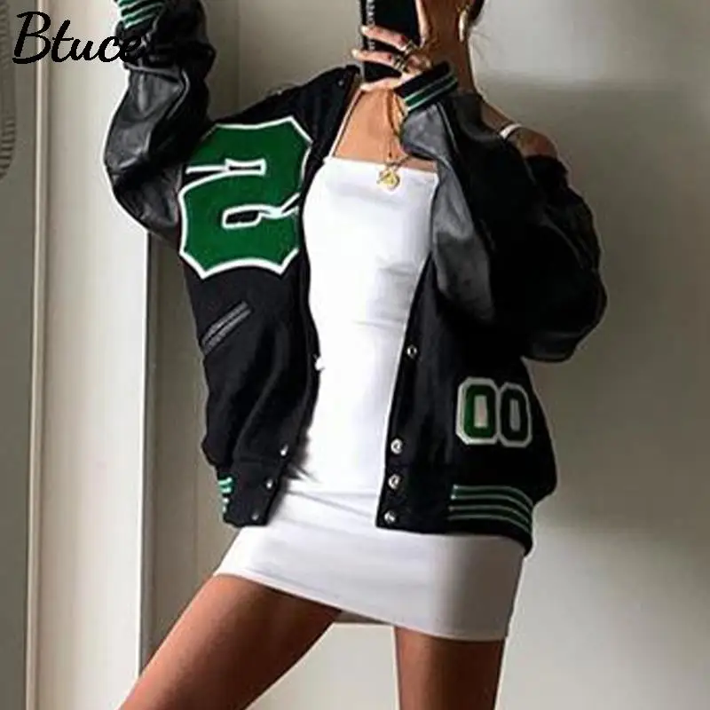

Women High Street Casual Patchwork Baseball Jacket 2021 Spring Autumn Female Long Sleeve O Neck Single Breasted Loose Coat