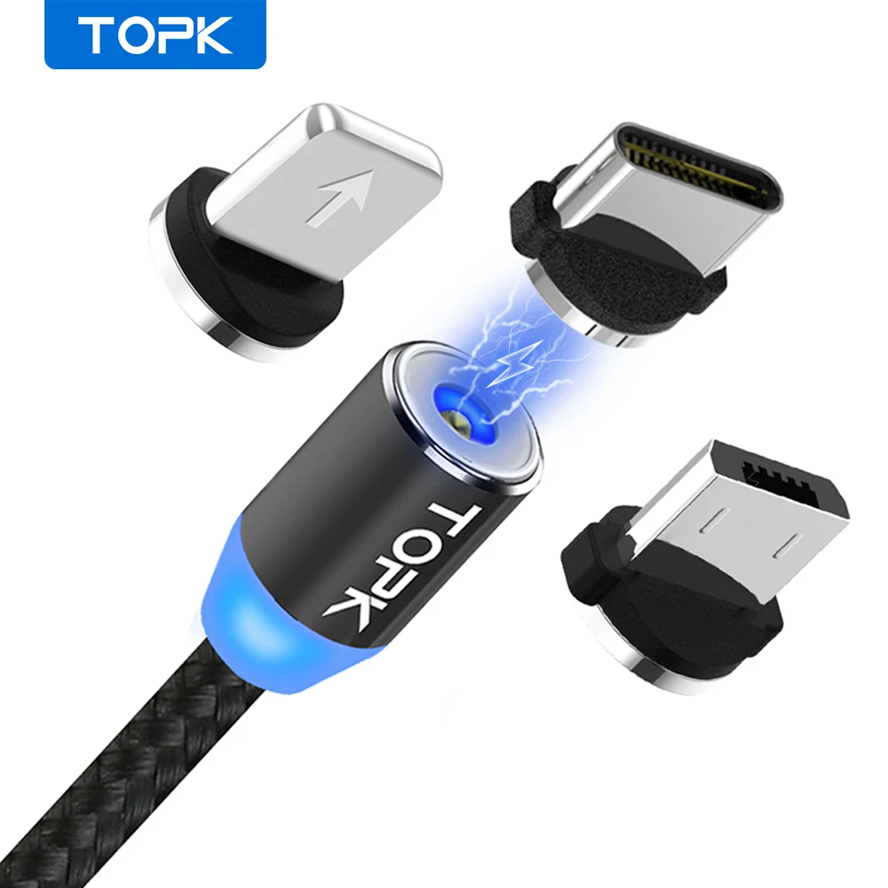 Магнитный кабель TOPK AM23 2 м со светодиодной подсветкой USB типа C и Micro зарядный в