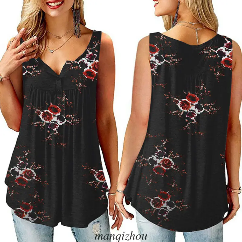 Boho Для женщин с цветочным принтом летняя майка без рукавов на пуговицах рубашка