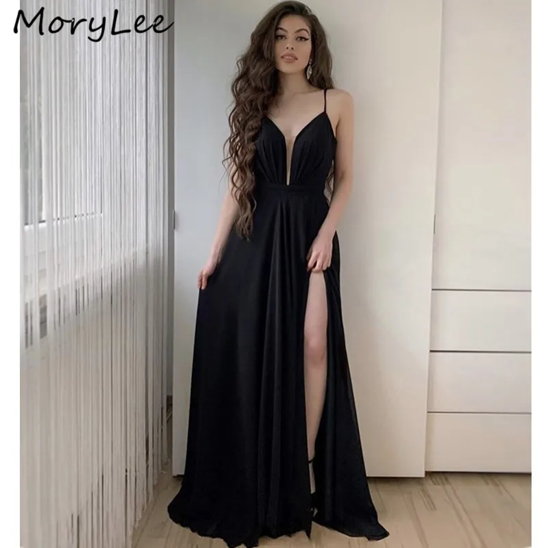 

Black Evening Dresses Spaghetti Straps Floor Length Side Slit Simple Evening Dresses With Zipper vestidos de fiesta de noche