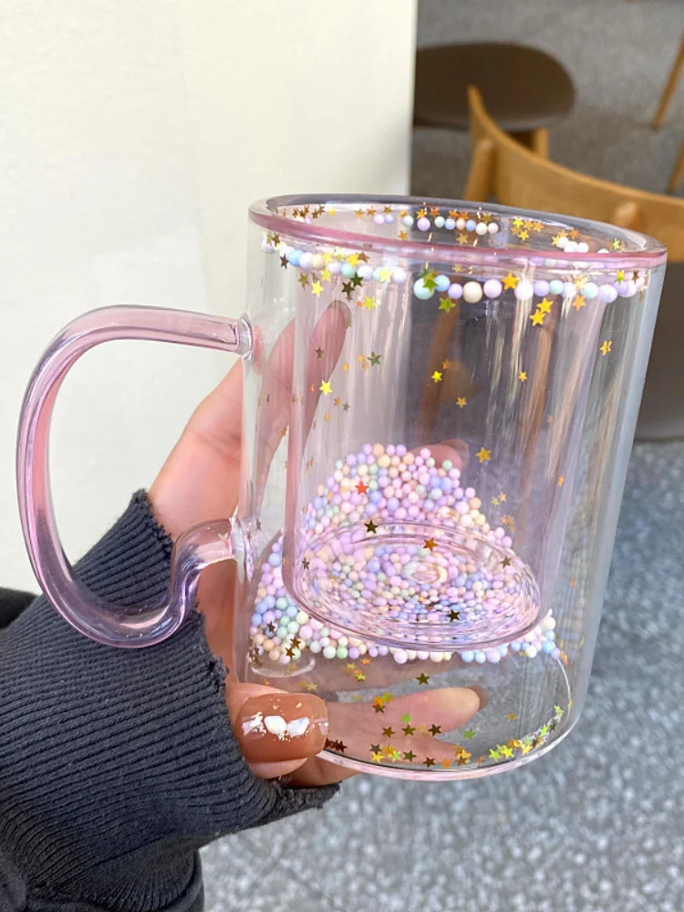 

Pink Girl Heart Double Quicks Glass Cup and Bubble Cup Japan and Korea Style Heat Insulation Anti-scalding Beverage Juice Glass