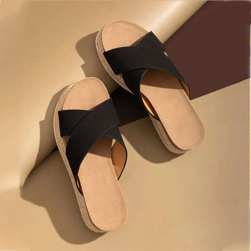 

Slippers Women Hemp Flats Platform Ladies Cross PU Leopard Female Shoes Summer Plus Size Comfort 2020 Casual Home Beach Woman
