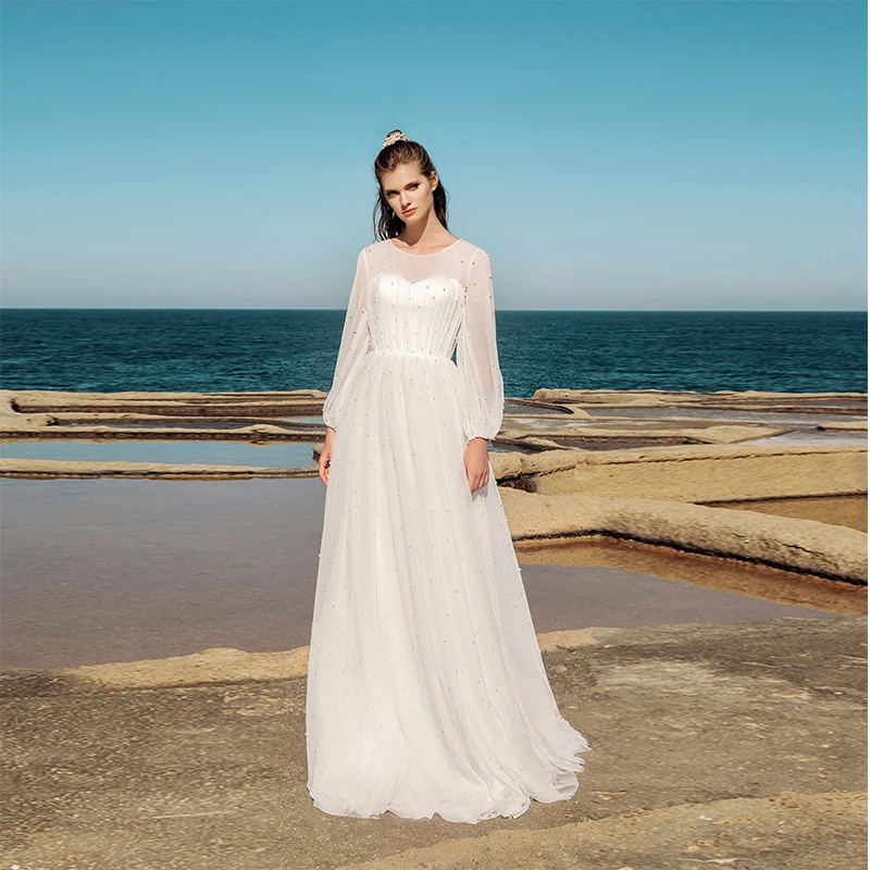 

Boho Wedding Dresses Full Straps Backless Pearl Tulle Beach Wedding Gowns Bride Dress Floor-length Robe de Mariee