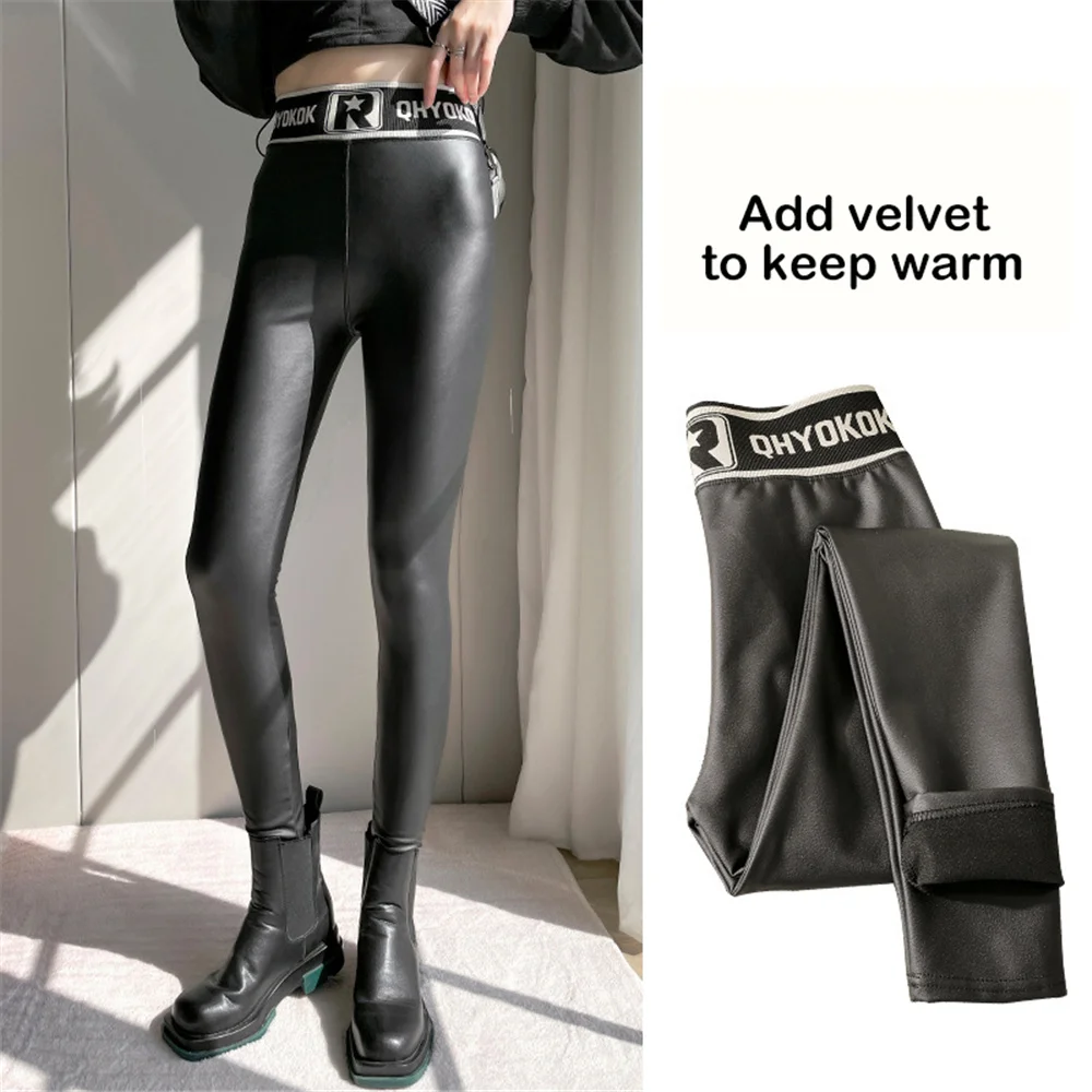 

Зимние новые женские теплые кожаные брюки с высокой талией облегающие узкие брюки-карандаш Корейская версия черные бархатные сексуальные ...