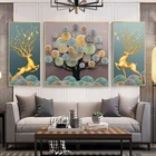 Картины с изображением золотого оленя, Скандинавская Картина на холсте с HD-принтом, современная абстрактная плакаты с деревом, Декор для дома, настенная роспись, три панели
