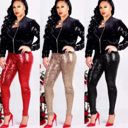 Женское розовое золото с пайетками Женские штаны зимние тонкие блестящие узкие