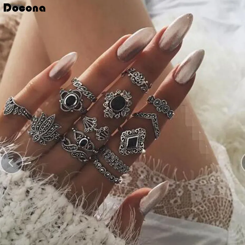 Женские богемные кольца Docona черные стразы 14 шт./компл. с резным цветком