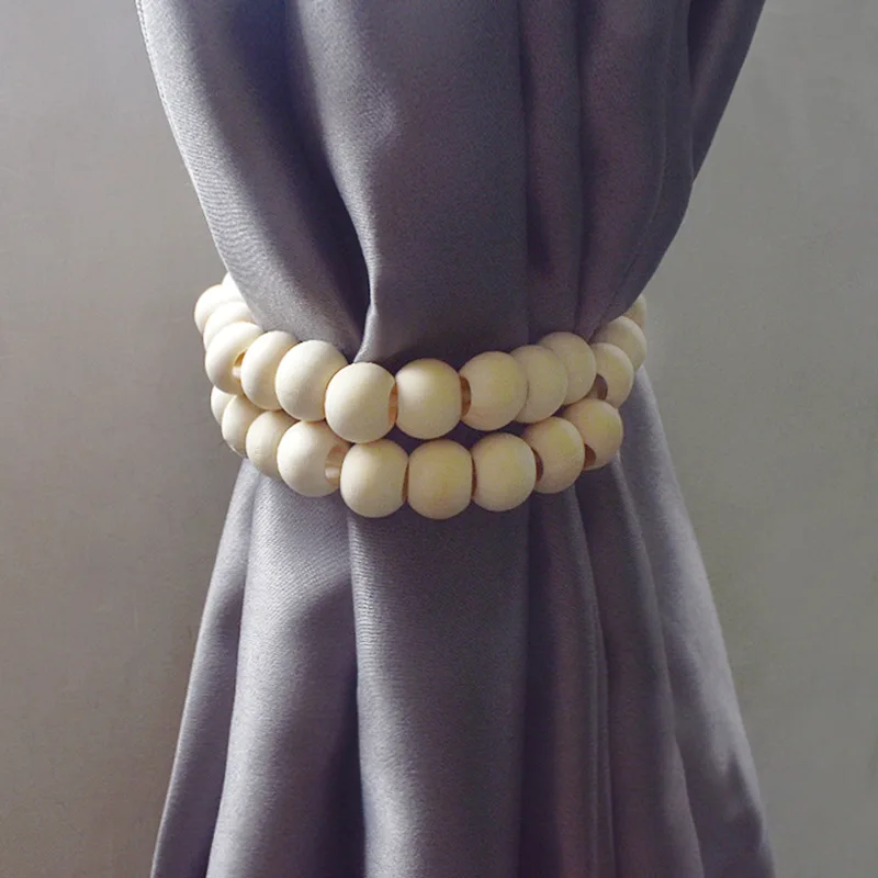Bao Niu DIY Curtain Accessories 105CM Hand-woven Curtain Tie Rope, Natural Wood Color Wooden Beads, Creative Curtain Tie