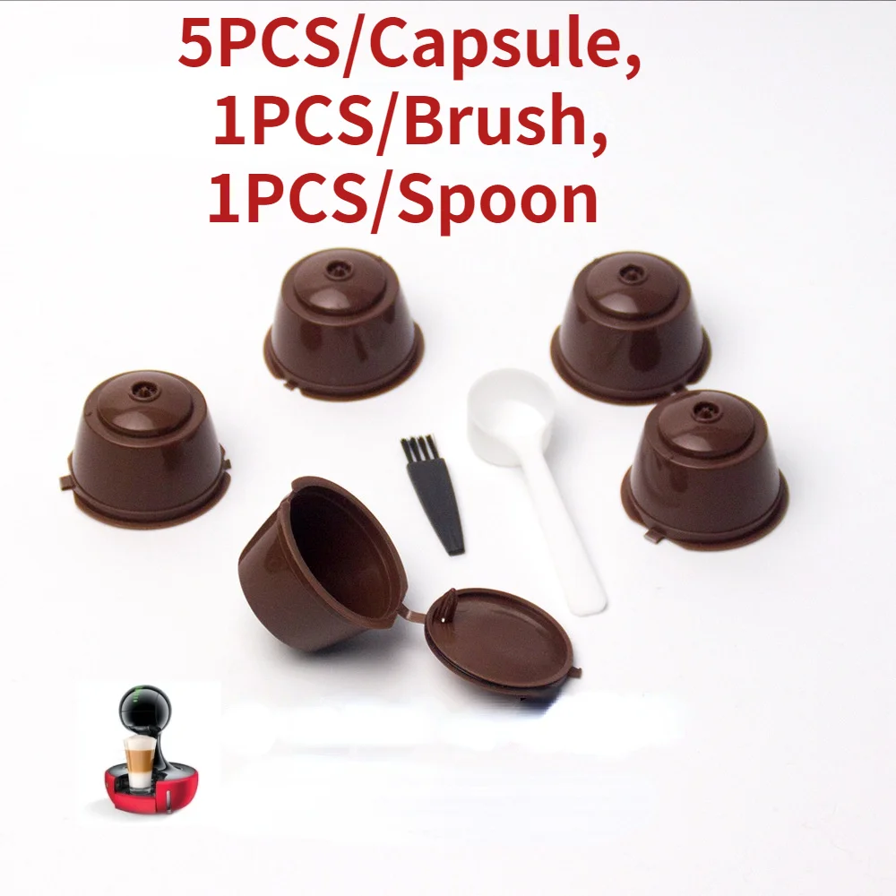 

5Pcs Reusable Coffee Capsule Filter Cup for Nescafe Dolce Gusto Refillable Caps Spoon Brush Filter Baskets Pod Soft Taste Sweet