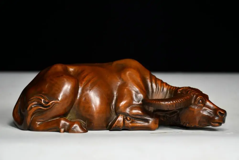 

6" China Lucky Seikos Boxwood Zodiac Bull Statue Buffalo Pensive Wood Carving Wall Street Bull Statue